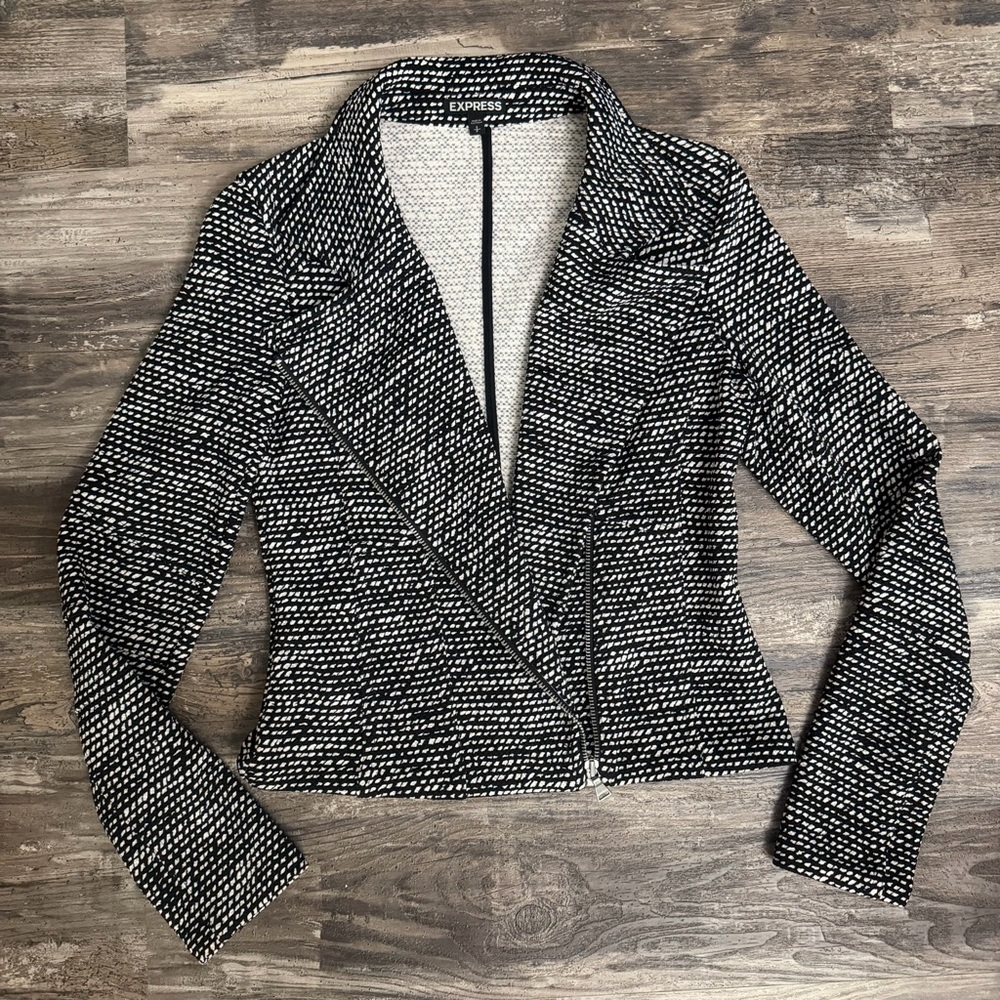 Express Monochrome Black White Tweed Blazer Jacket Asymmetrical Zipper Size S